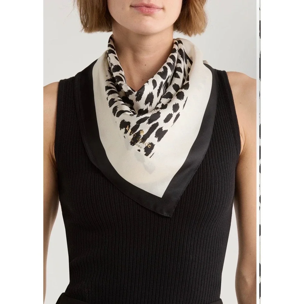 Kate Spade New York Silk Square Scarf Black White Animal Leopard Print NWT